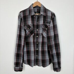 Top Mount Mens Full Zip Snap Grappler Flannel Shirt Size L Black Red Plaid Biker